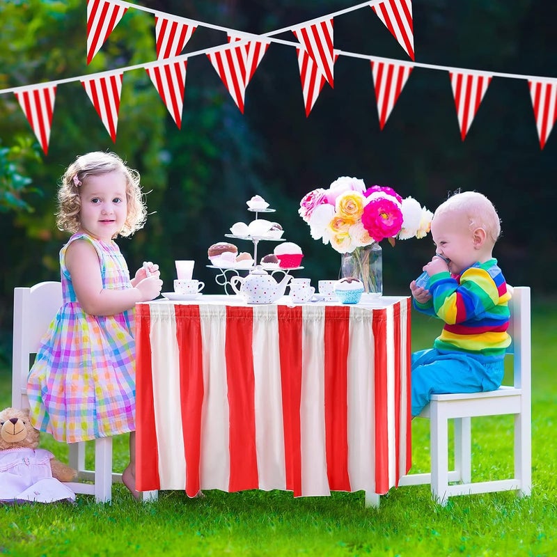 Tegeme 15 Pack Carnival Table Skirt Red and White Striped Table Skirts 165 x 30 Inches Disposable Carnival Tablecloth Decorations with Red and White Striped Pennant, Circus Theme Party Supplies - Image 4