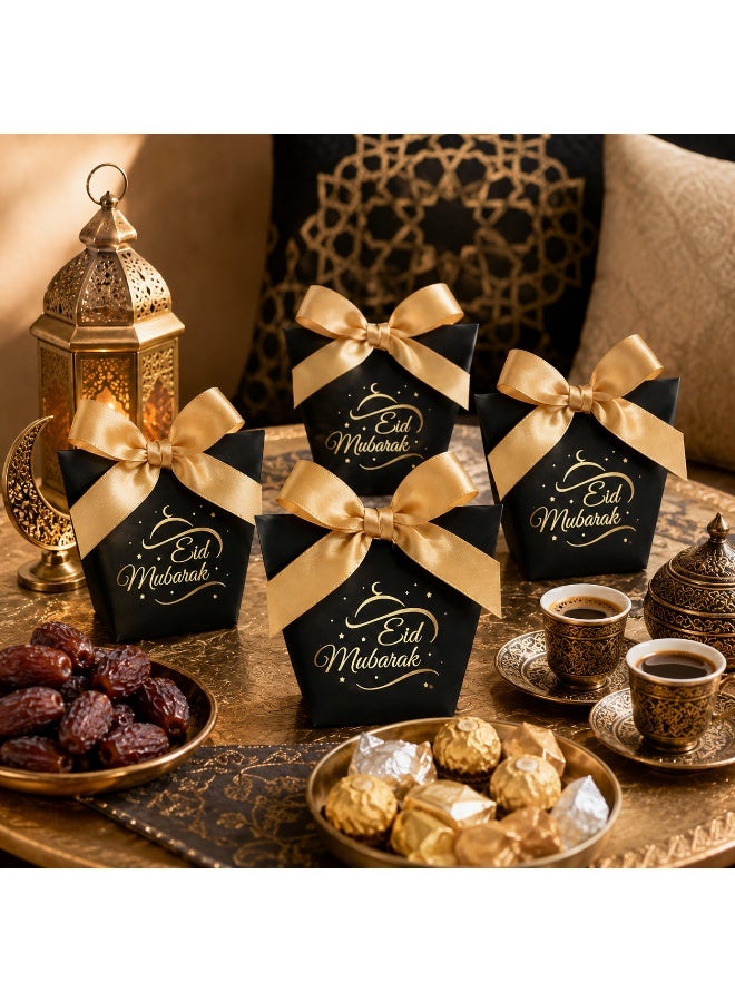 20 Pcs Gold Foil Eid Mubarak Print Black Cardboard Gift Boxes Satin Bow Decorated Candy Treat Boxes for Ramadan Eid Wedding Birthday Party Gift Packaging 6x10x12cm - Image 4