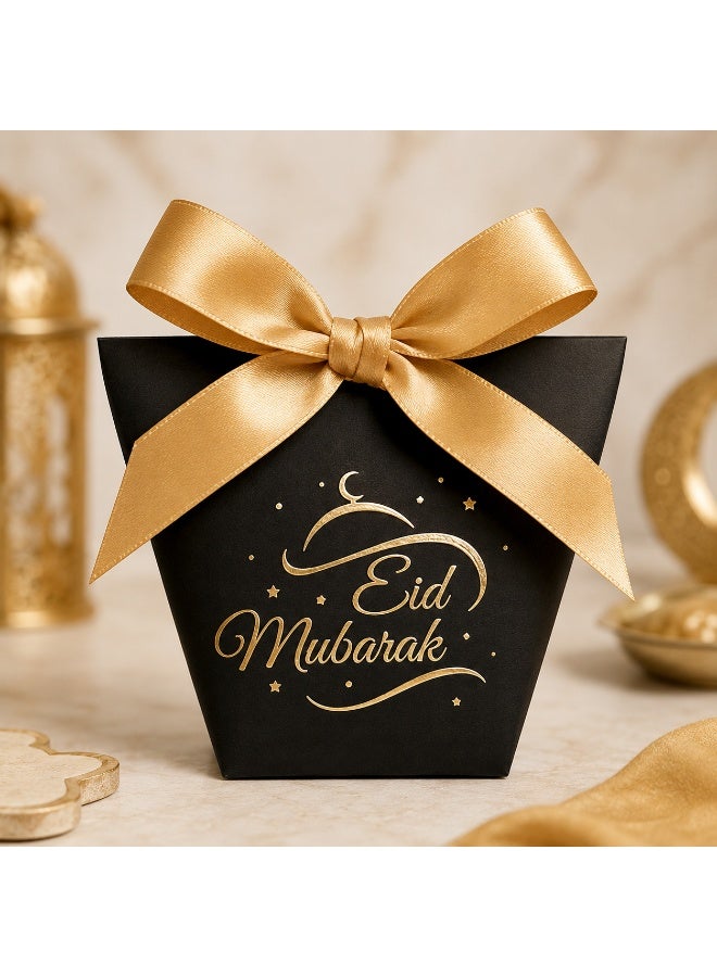 20 Pcs Gold Foil Eid Mubarak Print Black Cardboard Gift Boxes Satin Bow Decorated Candy Treat Boxes for Ramadan Eid Wedding Birthday Party Gift Packaging 6x10x12cm - Image 1