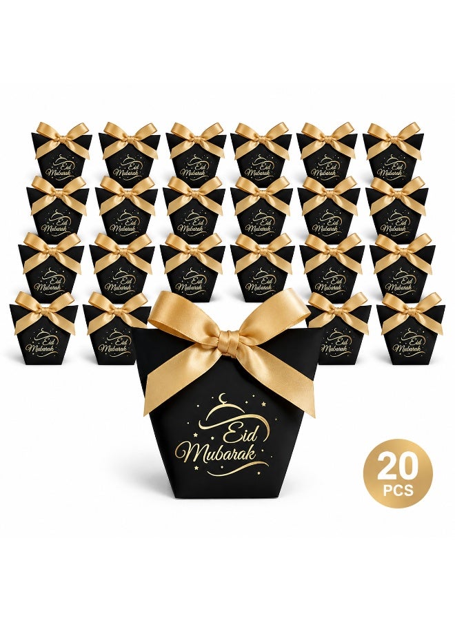 20 Pcs Gold Foil Eid Mubarak Print Black Cardboard Gift Boxes Satin Bow Decorated Candy Treat Boxes for Ramadan Eid Wedding Birthday Party Gift Packaging 6x10x12cm - Image 3
