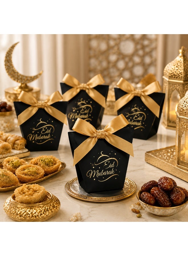 20 Pcs Gold Foil Eid Mubarak Print Black Cardboard Gift Boxes Satin Bow Decorated Candy Treat Boxes for Ramadan Eid Wedding Birthday Party Gift Packaging 6x10x12cm - Image 5