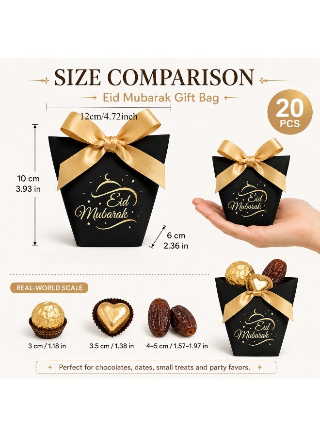 20 Pcs Gold Foil Eid Mubarak Print Black Cardboard Gift Boxes Satin Bow Decorated Candy Treat Boxes for Ramadan Eid Wedding Birthday Party Gift Packaging 6x10x12cm - Image 2