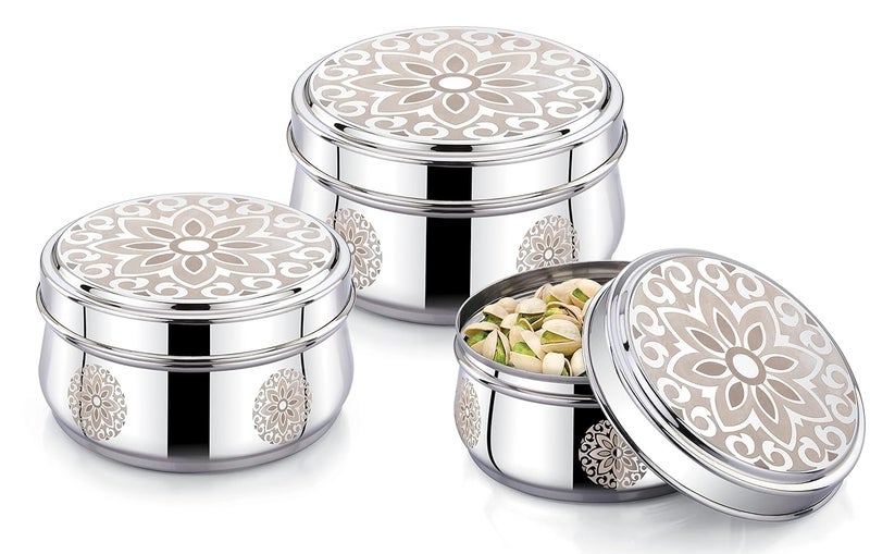 Expresso Stainless Steel Multipurpose Set of 3 Laser Printed Lunch Box/Dabba Food Storage Containers Box Serving Set |,Size : 300ml, 450ml & 650ml - Image 2