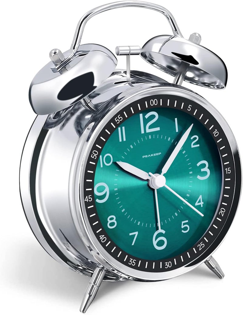 Peakeep Loud Alarm Clock for Heavy Sleepers Adults, Metal 4.5" Twin Bell Battery Operated Alarm Clocks for Bedrooms Decoration (Peacock Green) - Image 1