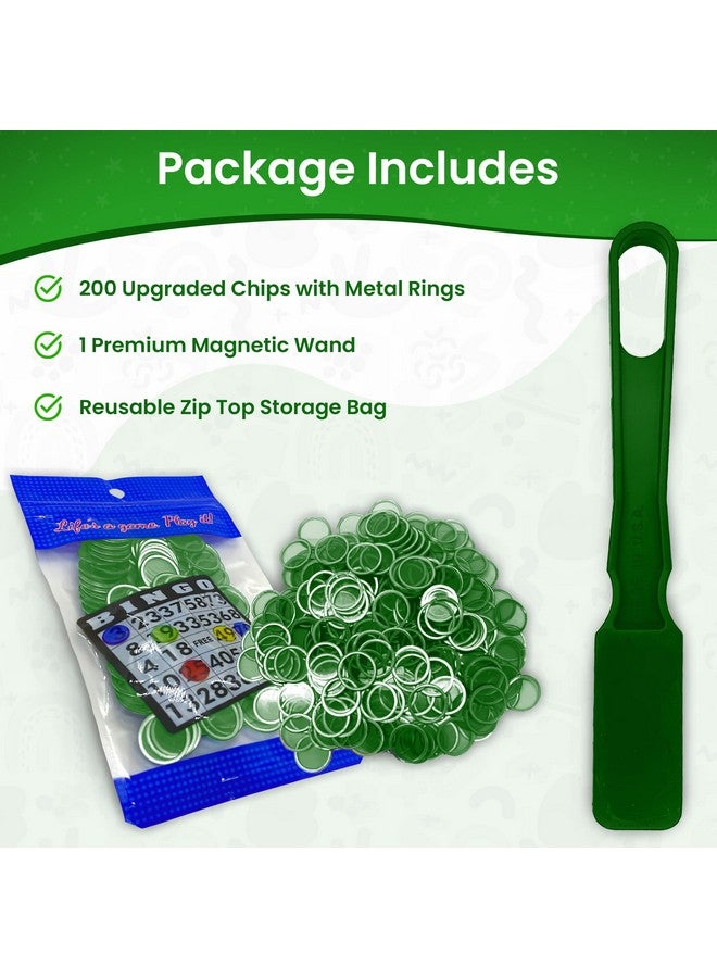 Mr Chips MR CHIPS Made in USA Upgraded Bingo Magnetic Wand & 200 Pieces ¾ Inch Green Plastic Chips with Metal Rings - Support American Jobs - Image 2