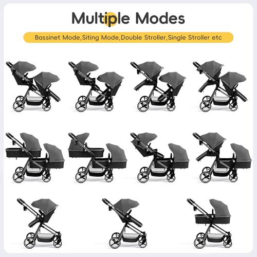 Mu عربة أطفال مزدوجة MU، عربة توأم قابلة للطي مع مسند ظهر قابل للتعديل، مقعد قابل للعكس، حزام أمان بخمسة نقاط، سلة تخزين، سرير أطفال قابل للتحويل للرضع والأطفال الصغار، رمادي - Image 4