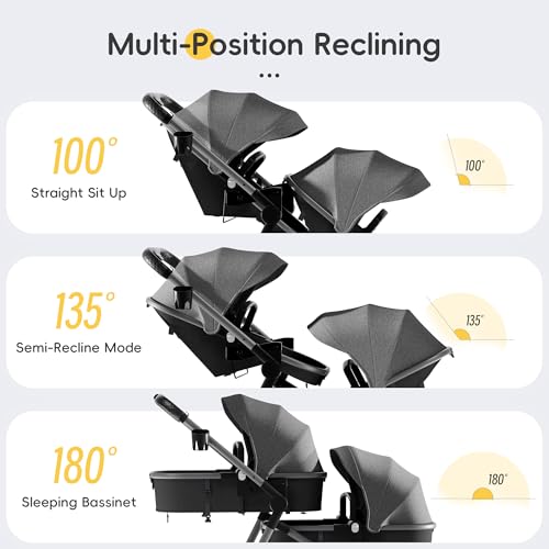 Mu عربة أطفال مزدوجة MU، عربة توأم قابلة للطي مع مسند ظهر قابل للتعديل، مقعد قابل للعكس، حزام أمان بخمسة نقاط، سلة تخزين، سرير أطفال قابل للتحويل للرضع والأطفال الصغار، رمادي - Image 3