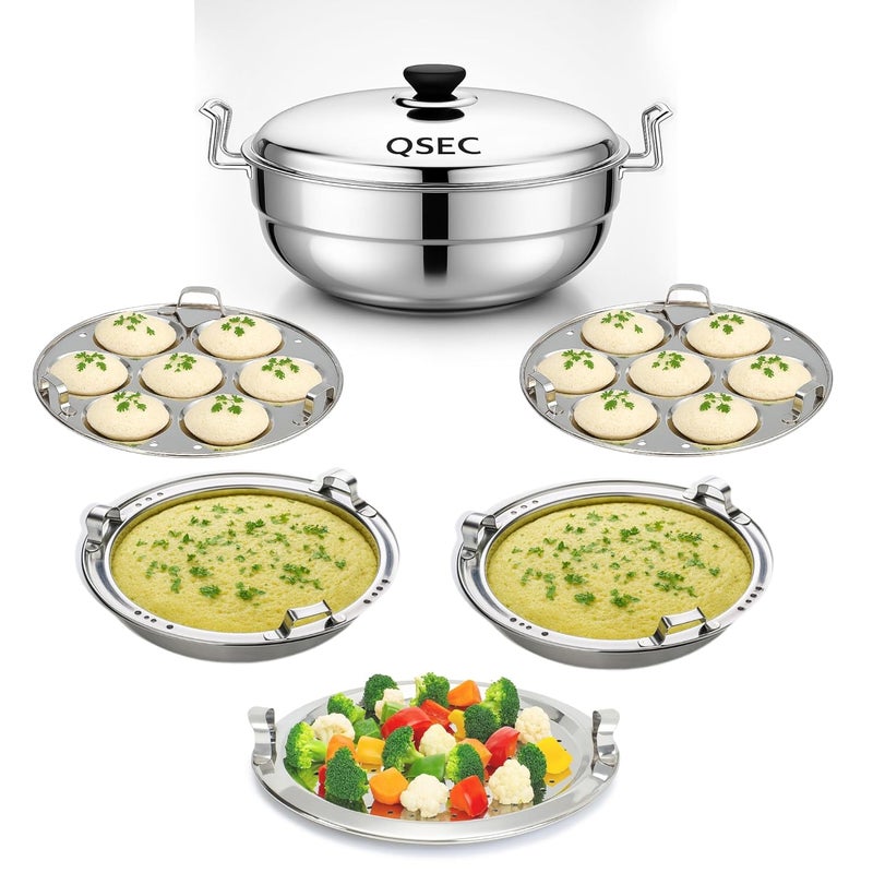 QSEC 3-layer triply base stainless steel idli maker Multi Kadai idly Steamer dhokla cooker | 3 layer thick Base All-in-One Big Size with 5 Plate | 2 idli | 2 Dhokla | 1 Patra | Induction & Gas stove Compatible | Sandwich Bottom Multipurpose kadai - Image 1