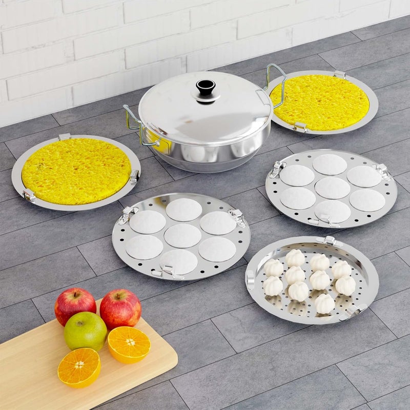 QSEC 3-layer triply base stainless steel idli maker Multi Kadai idly Steamer dhokla cooker | 3 layer thick Base All-in-One Big Size with 5 Plate | 2 idli | 2 Dhokla | 1 Patra | Induction & Gas stove Compatible | Sandwich Bottom Multipurpose kadai - Image 2