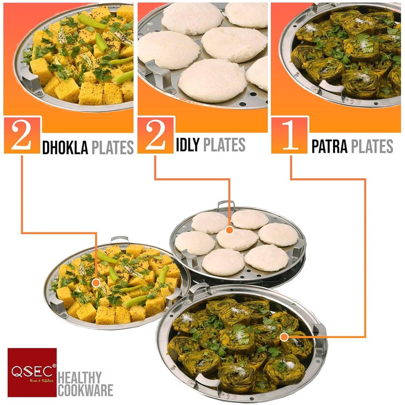 QSEC 3-layer triply base stainless steel idli maker Multi Kadai idly Steamer dhokla cooker | 3 layer thick Base All-in-One Big Size with 5 Plate | 2 idli | 2 Dhokla | 1 Patra | Induction & Gas stove Compatible | Sandwich Bottom Multipurpose kadai - Image 3