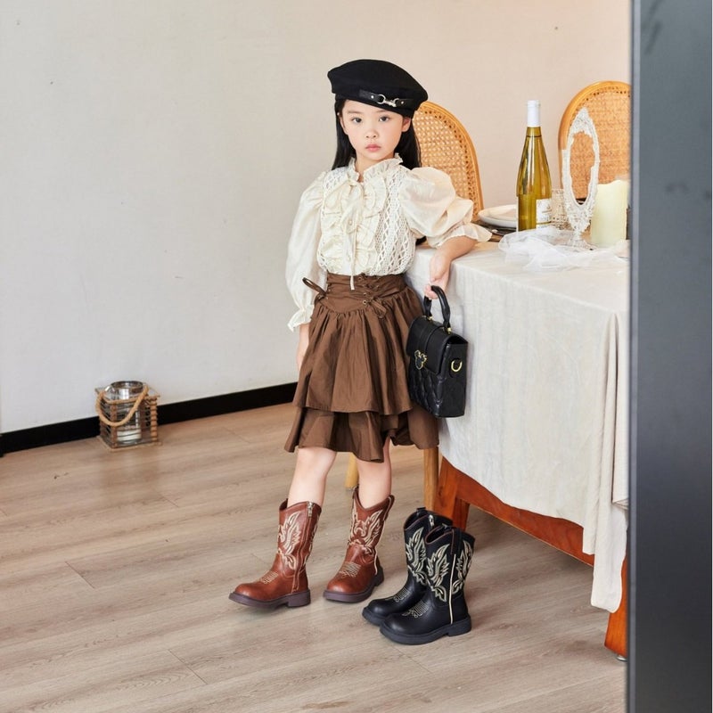 Children'S Boots Soft-Soled Mid-Calf Chelsea Leather Boots Girls' National Style Retro Embroidered Cowboy Boots - Image 4