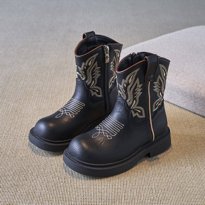 Children'S Boots Soft-Soled Mid-Calf Chelsea Leather Boots Girls' National Style Retro Embroidered Cowboy Boots - Image 1
