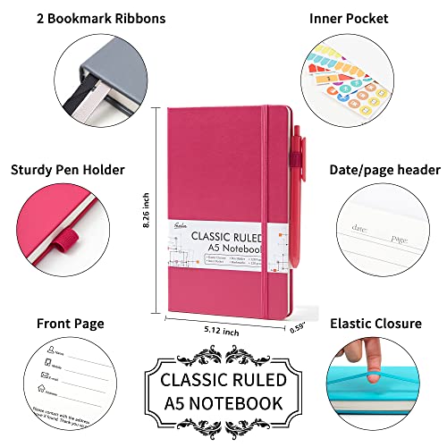 feela Hardcover Notebook For Work, Classic Ruled Lined Journal Set School Business Supplies, with 3 Black Pens, 120 GSM, 5.1”x8.3”, 3 Pack, A5, Solid Colors, Gray, Berry, Emerald - Image 2