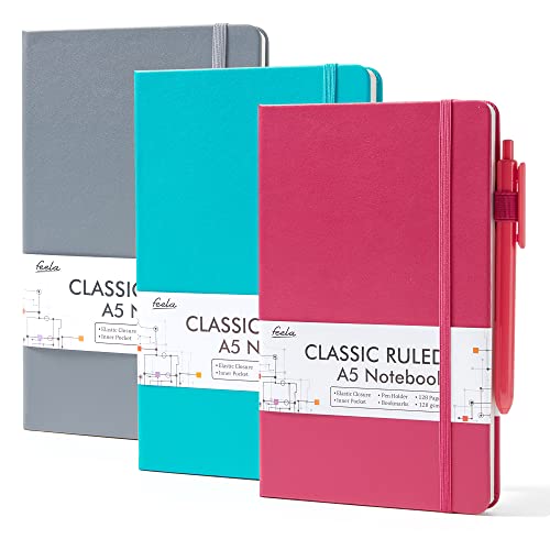 feela Hardcover Notebook For Work, Classic Ruled Lined Journal Set School Business Supplies, with 3 Black Pens, 120 GSM, 5.1”x8.3”, 3 Pack, A5, Solid Colors, Gray, Berry, Emerald - Image 1