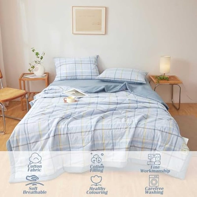 إسكدنيا لحاف صيفي من القطن الخالص من اكسرير، لحاف رفيع محشو بالقطن الخالص، مقاس مفرد، للاريكة والسرير، ازرق مربعات 150 × 200 سم - Image 2