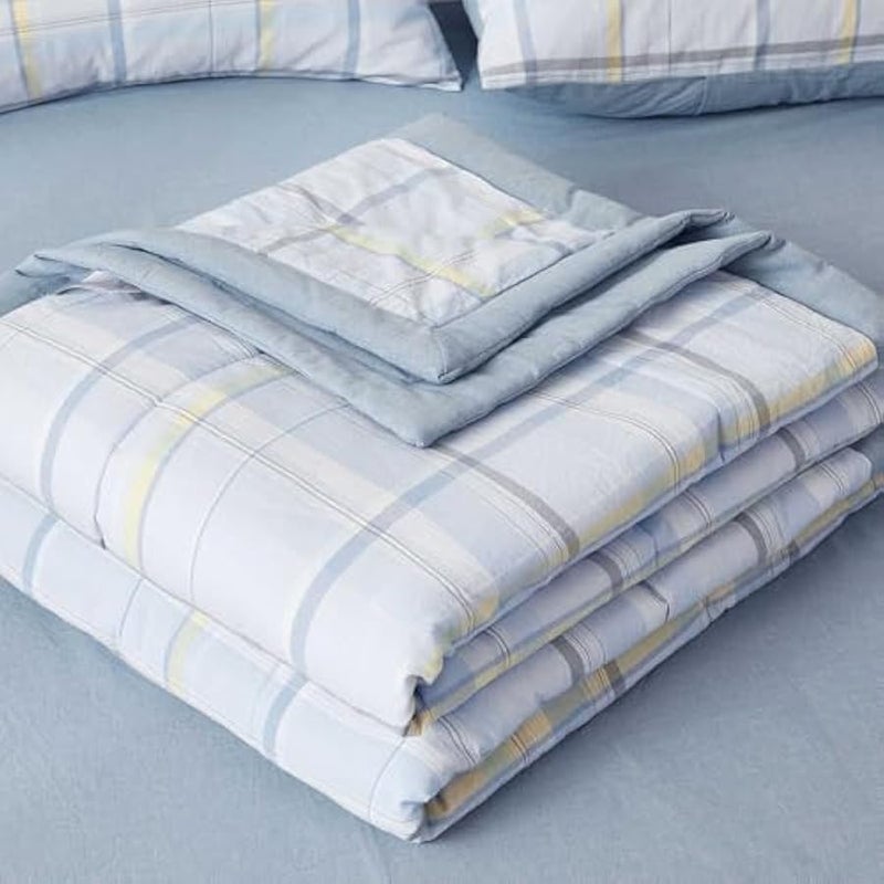 إسكدنيا لحاف صيفي من القطن الخالص من اكسرير، لحاف رفيع محشو بالقطن الخالص، مقاس مفرد، للاريكة والسرير، ازرق مربعات 150 × 200 سم - Image 1