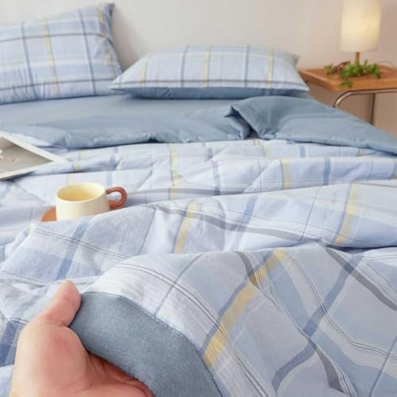 إسكدنيا لحاف صيفي من القطن الخالص من اكسرير، لحاف رفيع محشو بالقطن الخالص، مقاس مفرد، للاريكة والسرير، ازرق مربعات 150 × 200 سم - Image 5