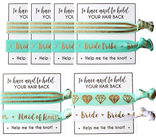 Bachelorette to Bride Bride Tribe Hair Tie Cards. to Have and to Hold, Your Hair Back. Help Me Tie The Knot. Bachelorette, Wedding Shower, Party Favors for Bridesmaids (Pack of 6, Mint & Gold) - Image 5