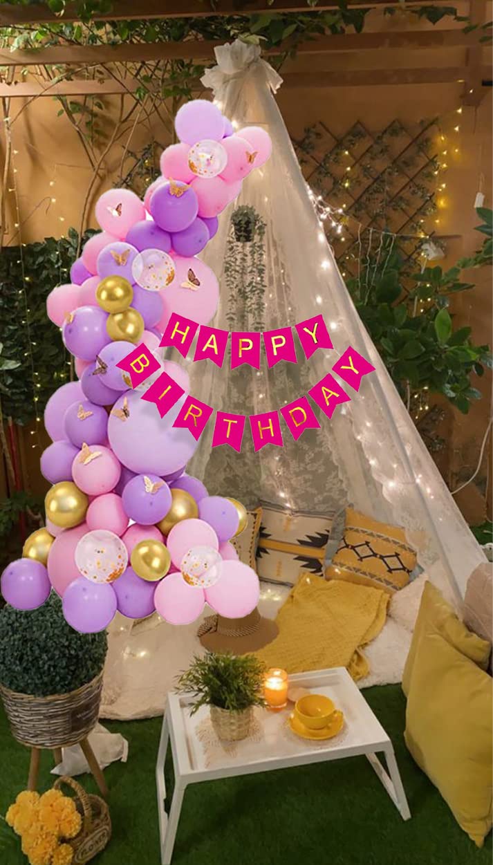 Hemito 61 Pc Cabana Tent Birthday Decoration Set – Pink Purple Balloons White Net for Cabana Theme Party with LED Lights with Pink Paper Banner Romantic Dinner Decorations for Girls - Image 1