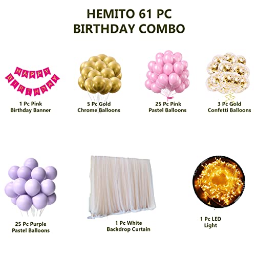 Hemito 61 Pc Cabana Tent Birthday Decoration Set – Pink Purple Balloons White Net for Cabana Theme Party with LED Lights with Pink Paper Banner Romantic Dinner Decorations for Girls - Image 2