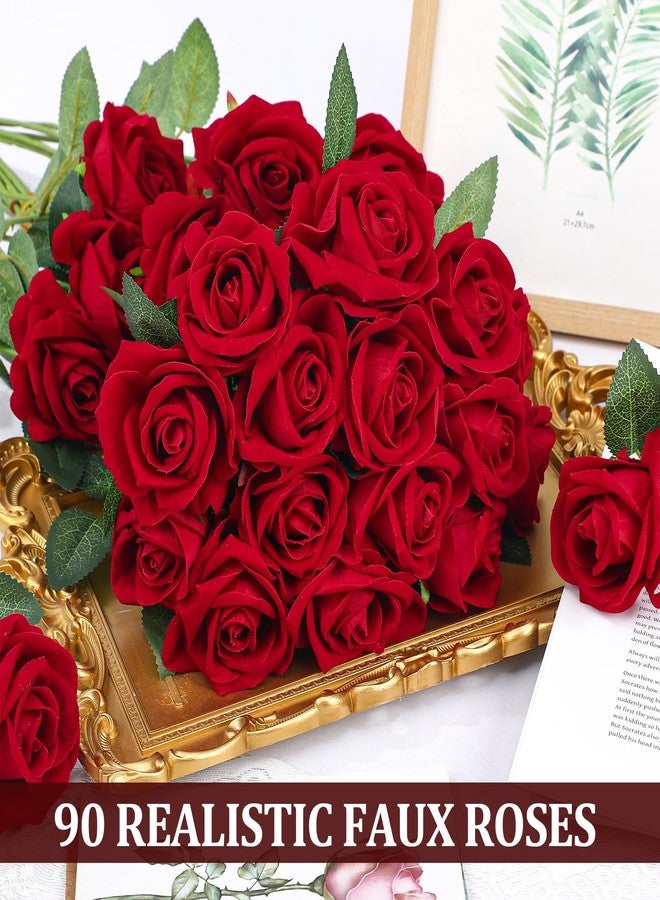 Ovveroche 90 Pcs Red Velvet Rose Artificial Flowers, 51cm Silk Wedding Fake Silk Roses Florals for Centerpieces DIY Bouquet Party Arrangement Bridal Home Decor - Image 5