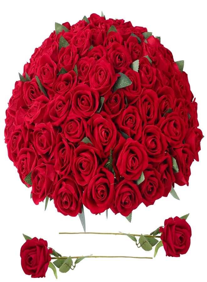 Ovveroche 90 Pcs Red Velvet Rose Artificial Flowers, 51cm Silk Wedding Fake Silk Roses Florals for Centerpieces DIY Bouquet Party Arrangement Bridal Home Decor - Image 1