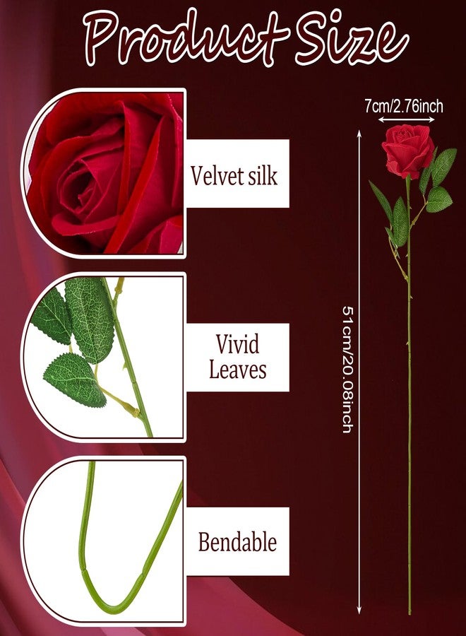 Ovveroche 90 Pcs Red Velvet Rose Artificial Flowers, 51cm Silk Wedding Fake Silk Roses Florals for Centerpieces DIY Bouquet Party Arrangement Bridal Home Decor - Image 2