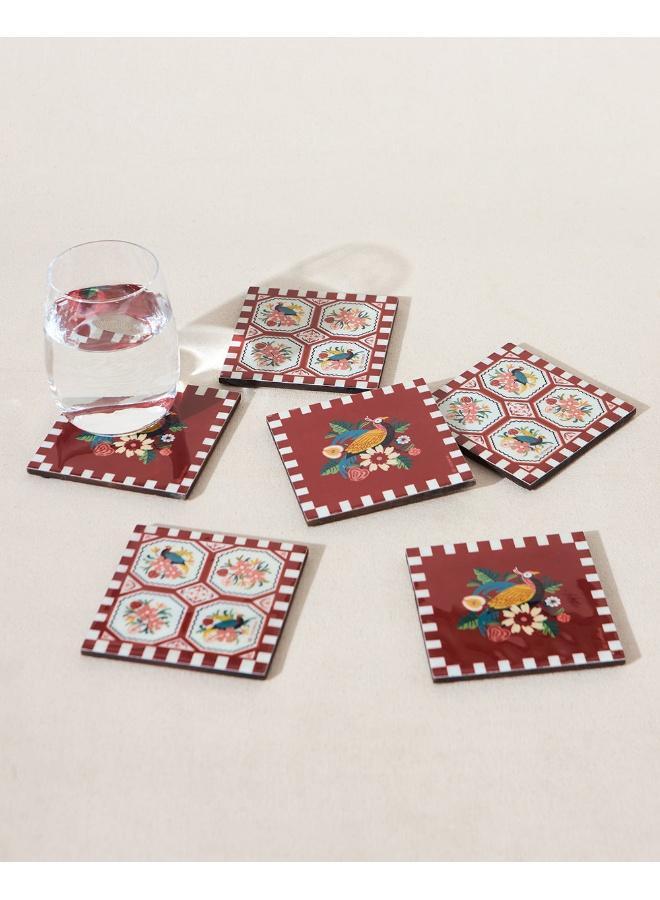 Chumbak Monal Wooden Coasters - Set of 6, 4" | Kashmir Trails - Image 1