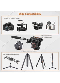 H6 Video Fluid Head, Camera Tripod Fluid Drag Pan Head with 60 mm Flate Base, 2-Section Pan Bar Handle, 1/4 and 3/8 Screws Sliding Plate for DSLR Cameras Video Camcorders, Max Loading 13.2LB