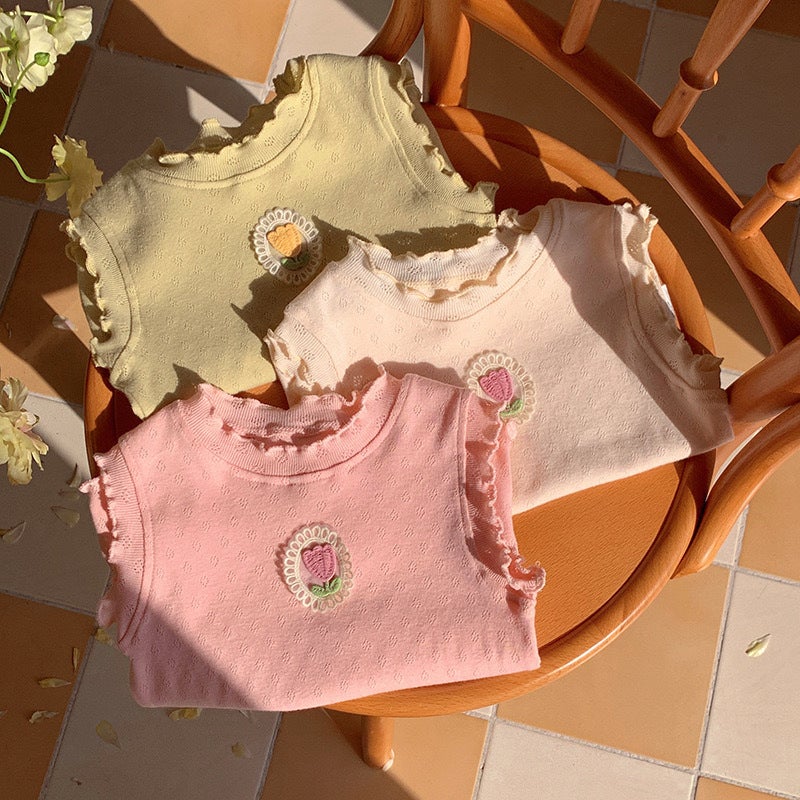 تي شيرت صيفي بدون أكمام للأطفال من القطن مع رسومات كرتونية، سترة قصيرة الأكمام للفتيات بألوان متعددة - Image 3