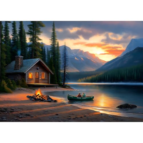 Blueforest Mountain Lake 500 Piece Puzzle for Adults Log Cabin Panoramic Therapy Jigsaw Puzzle Challenging Forest Landscape Framable Art Gift 23x15 - Image 1