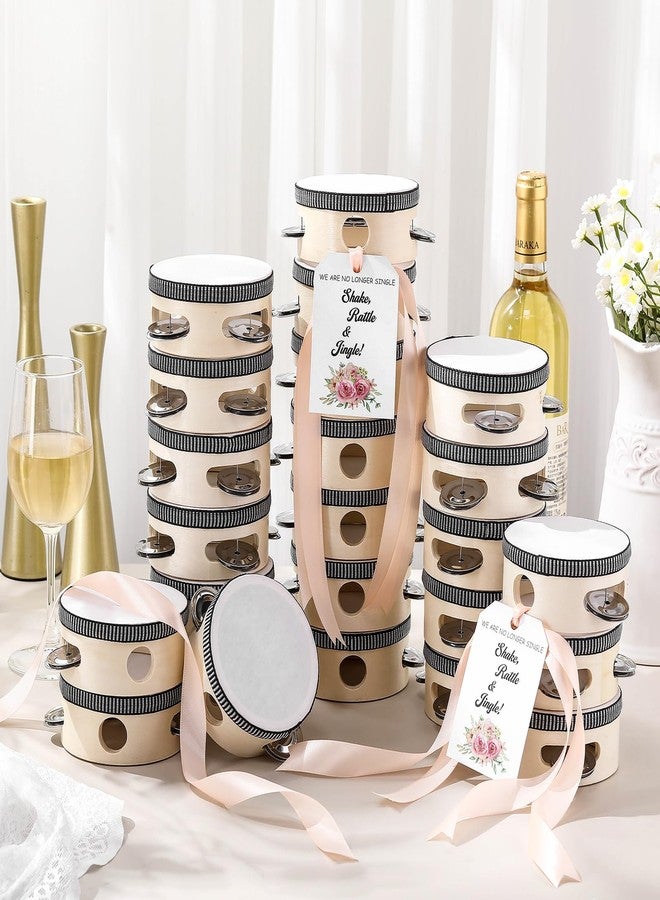 Lukmaa 24 Set 4 Inch Tambourine for Adults Tambourines Bulk Wooden Hand Held Drum with Metal Jingles, Gift Tags, Beige Ribbon Percussion Gift Musical Instrument for Church Wedding Party Favor - Image 1