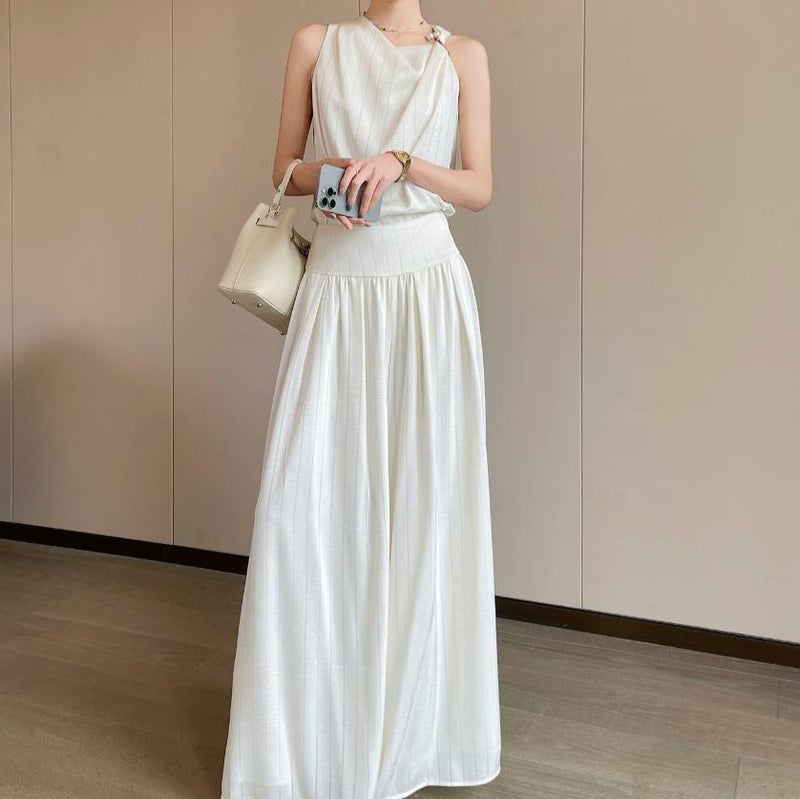 Women's Beige Summer Two-Piece Outfit with Camisole and Wide-Leg Pants - Image 1