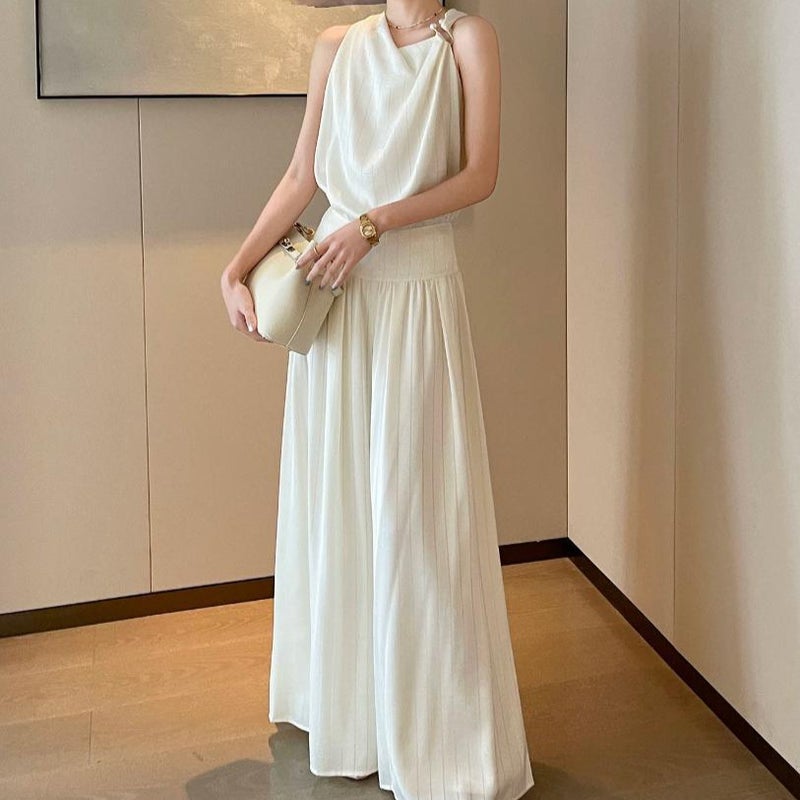 Women's Beige Summer Two-Piece Outfit with Camisole and Wide-Leg Pants - Image 3