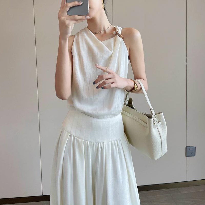 Women's Beige Summer Two-Piece Outfit with Camisole and Wide-Leg Pants - Image 5