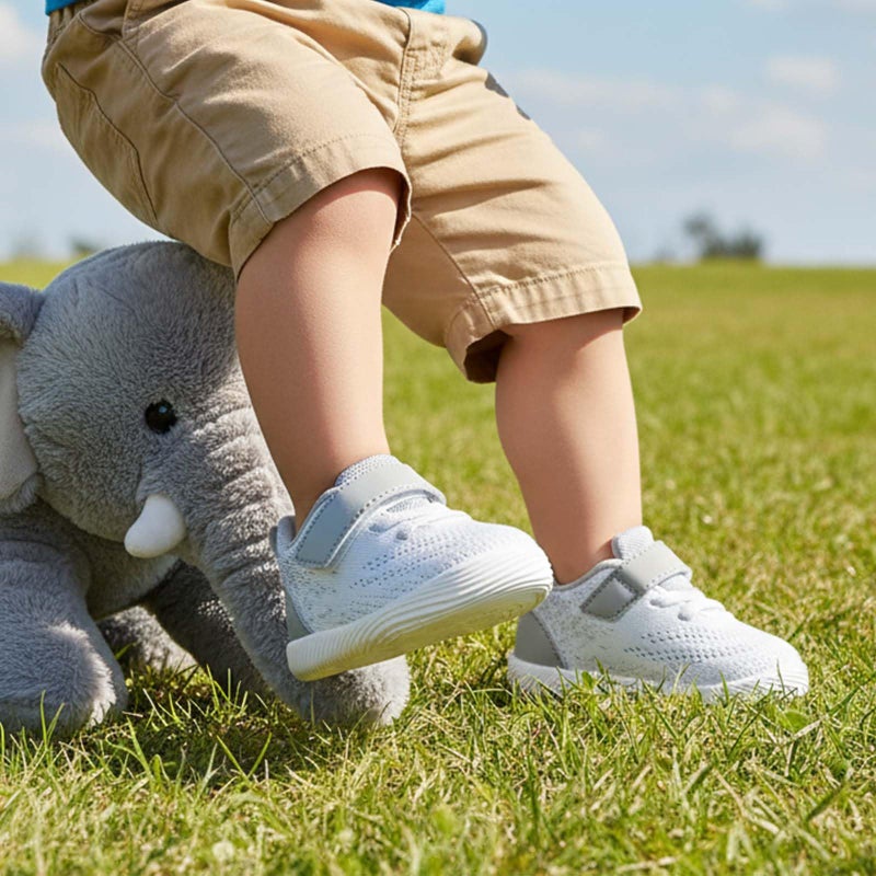 MORENDL Toddler Sneakers Baby Boys & Girls Barefoot Shoes Lightweight Breathable Walking Running Tennis Athletic Sport Shoes White Gray 12-15 Months Size 5 - Image 2