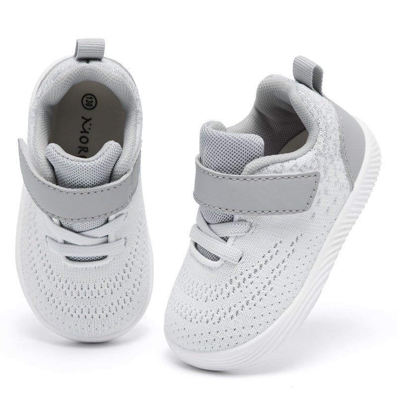 MORENDL Toddler Sneakers Baby Boys & Girls Barefoot Shoes Lightweight Breathable Walking Running Tennis Athletic Sport Shoes White Gray 12-15 Months Size 5 - Image 3