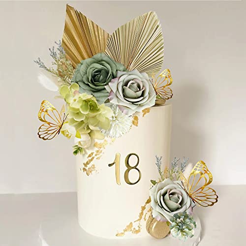 LEFUBABY Boho Cake Topper Palm Leaves Dusty Green Flowers Butterflies Cake Decorations for Bohemian Wedding Baby Shower Birthday Party Supplies - Image 1