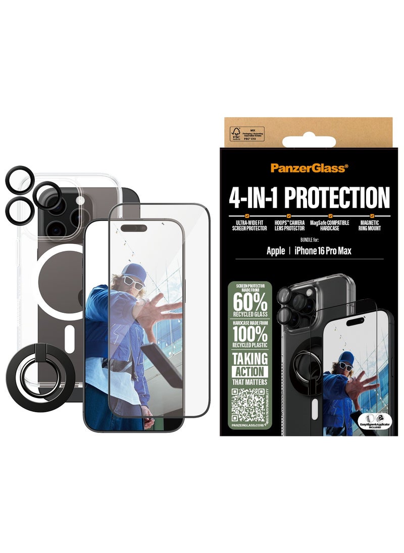 PanzerGlass® 4-in-1 Protection Bundle for iPhone 16 Pro Max, Magsafe compatible HardCase, Ultra-Wide Fit Screen Protector, HoopsTM camera lens Protector, Magnetic ring mount - with mounting aid for easy installation