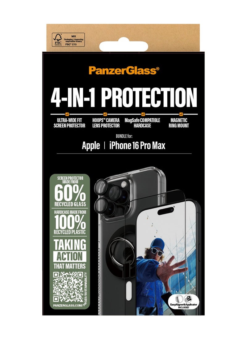 PanzerGlass® 4-in-1 Protection Bundle for iPhone 16 Pro Max, Magsafe compatible HardCase, Ultra-Wide Fit Screen Protector, HoopsTM camera lens Protector, Magnetic ring mount - with mounting aid for easy installation
