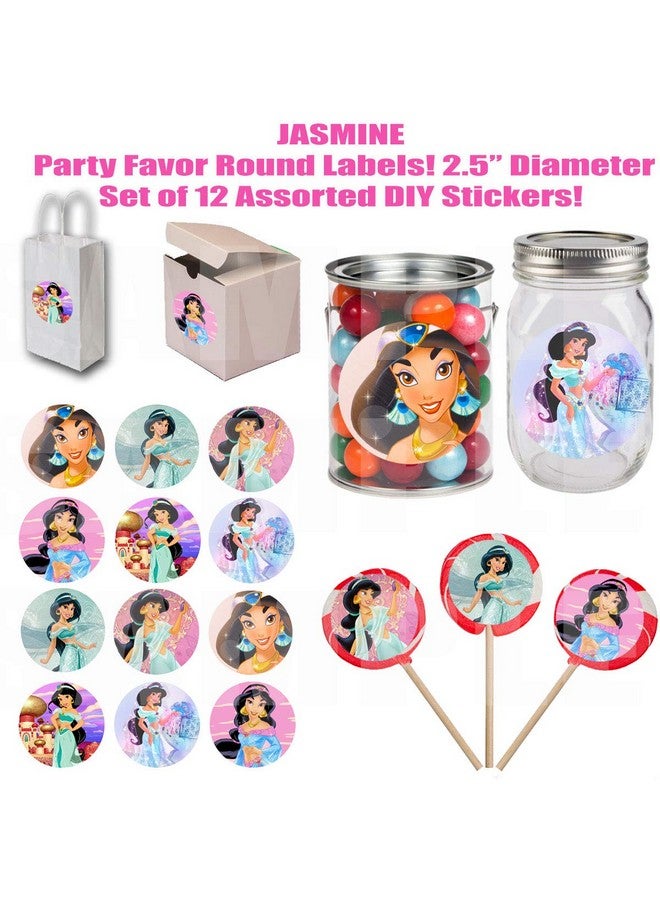 Party Over Here Princess Jasmine Stickers Large 2.5” Round Circle Diy Stickers To Place Onto Party Favor Bags Cards Boxes Or Containers 12 Pcs Alladin Princess Jasmine Jafar Genie Magic Lamp Animated Movie - Image 3