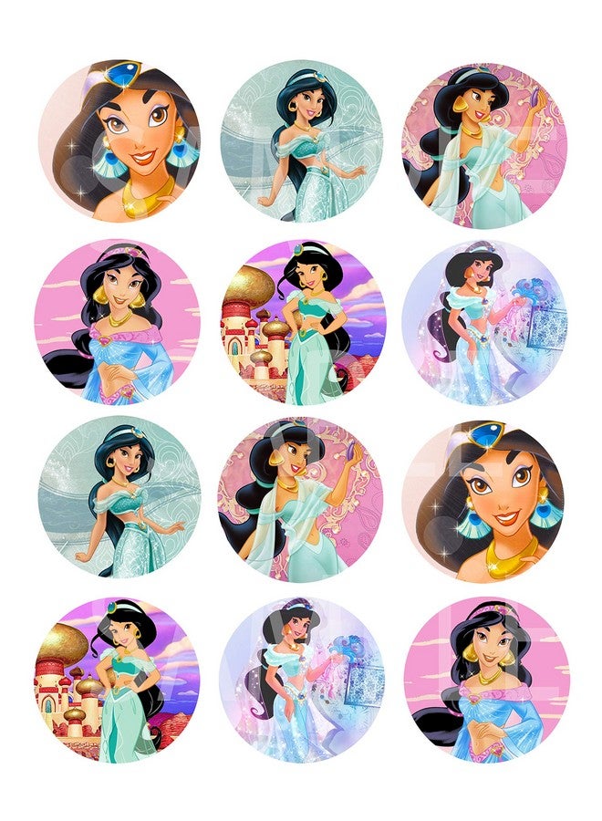 Party Over Here Princess Jasmine Stickers Large 2.5” Round Circle Diy Stickers To Place Onto Party Favor Bags Cards Boxes Or Containers 12 Pcs Alladin Princess Jasmine Jafar Genie Magic Lamp Animated Movie - Image 2