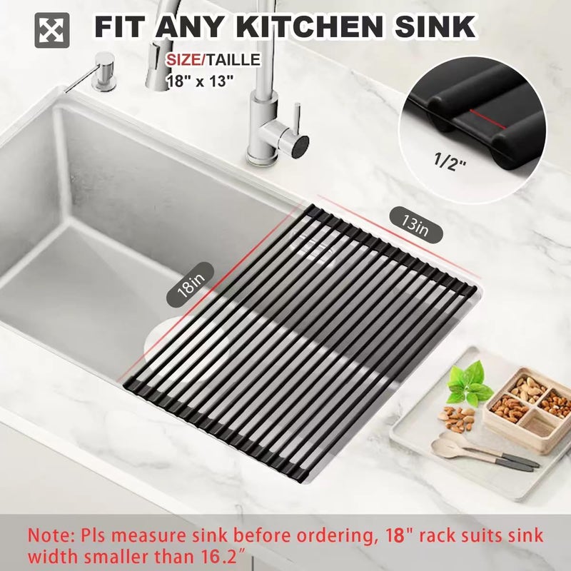 MERRYBOX Roll Up Dish Drying Rack, Silicone Wrapped Over The Sink Dish Rack Foldable Dish Drainer Anti-Slip Dish Racks for Kitchen Counter, Multipurpose Kitchen Sink Drying Rack, 18" x 13", Black - Image 2