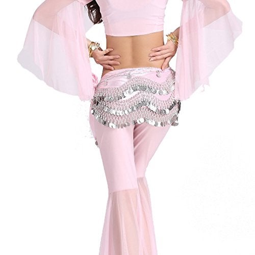 ZLTdream Women's Belly Dance Wave Shape Hip Scarf With Silver Coins Pink - Image 2