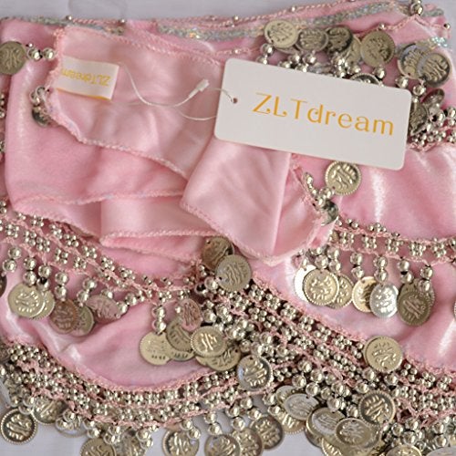 ZLTdream Women's Belly Dance Wave Shape Hip Scarf With Silver Coins Pink - Image 4
