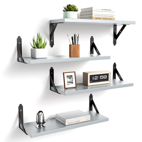 ROMGUAR CRAFT Wood Floating Shelves Set of 4, Rustic Storage Decor Wall Shelves, Wall Mounted Shelf for Living Room, Bedroom 17" x 6", Light Grey - Image 1