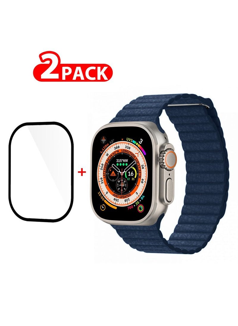 CATANES 2 Packs For Apple Watch Band 49mm Leather Loop Band Magnetic Watch Strap Wristband and 3D Screen Protector Blue  - Image 1
