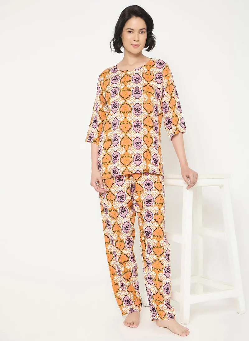 Clovia Clovia Printed Top & Pyjama Set in Multicolour - Rayon