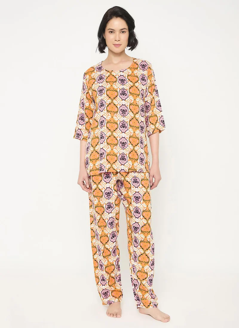Clovia Clovia Printed Top & Pyjama Set in Multicolour - Rayon