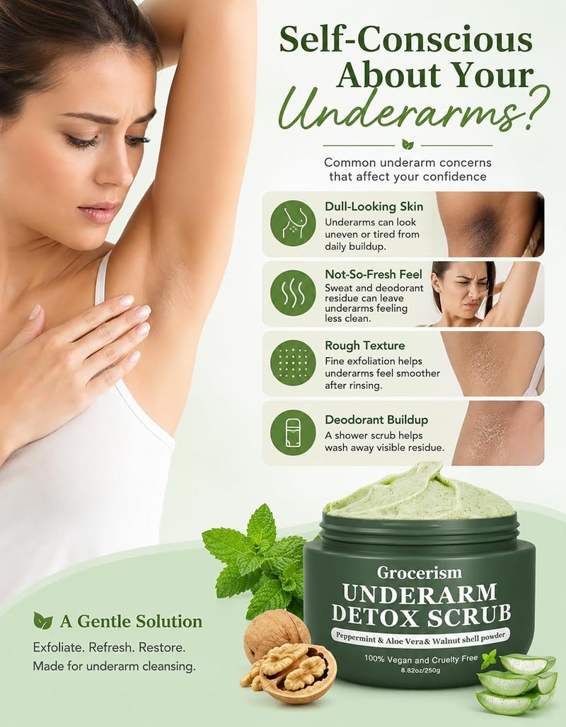 Grocerism Armpit Detox and Body Scrub 8.8oz || with Peppermint and Aloe Vera for Odors Removing, Exfoliating, Moisturizing, Smoothen and Tighten, for Legs, Knee, Feet, Hands Whole Body - Image 2